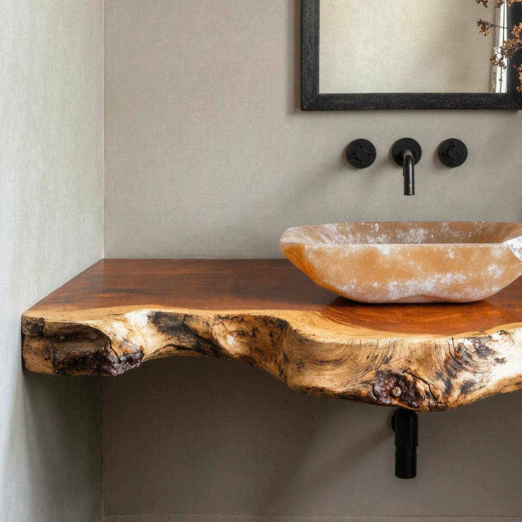 Rustic Natural Wood Floating Vanity Shelf For Warm Bathrooms