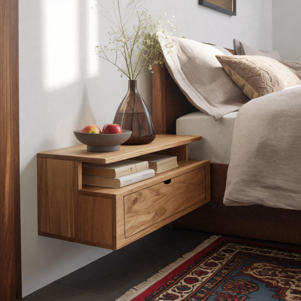 Teezano Floating Wooden Nightstand with Drawer & Shelf, Minimalist Solid Wood Wall-Mounted Bedside Table for Bedroom SITHHNNS008