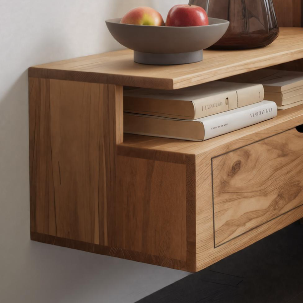 Teezano Floating Wooden Nightstand with Drawer & Shelf, Minimalist Solid Wood Wall-Mounted Bedside Table for Bedroom SITHHNNS008
