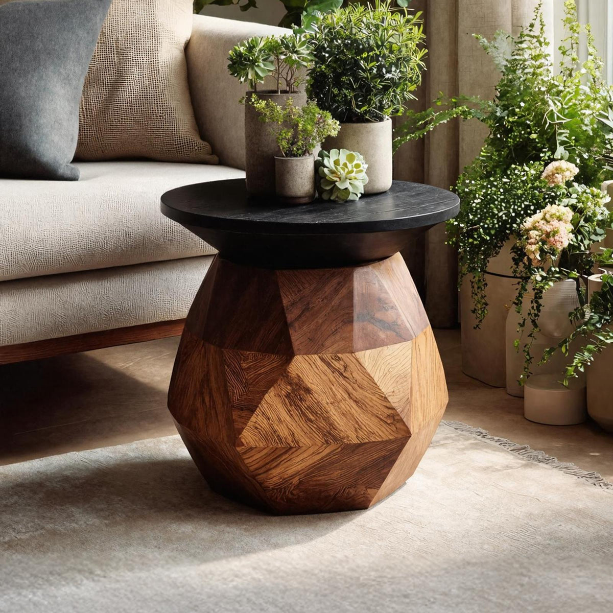 Modern Solid Wood End Table, Minimalist Block Side Table & Bedside Nightstand for Contemporary Living Room Decor