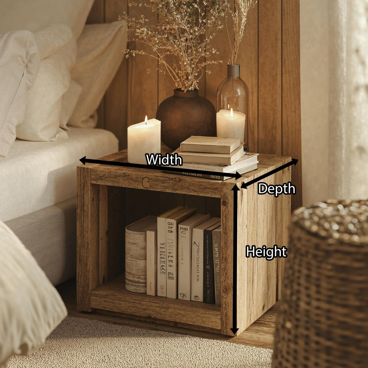 Spry Interior Natural Wooden Standing Nightstand, Rustic Solid Wood Bedside Table with Open Storage Shelf for Bedroom, SILDTNS019