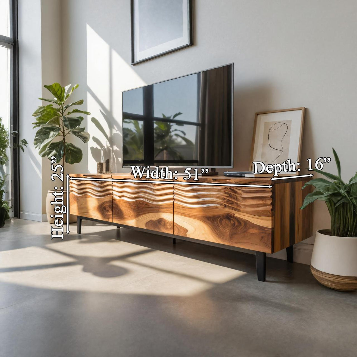 Modern Organic Wooden Sideboard, Wavy Front Solid Wood Buffet Cabinet, Artistic Credenza for Living Room
