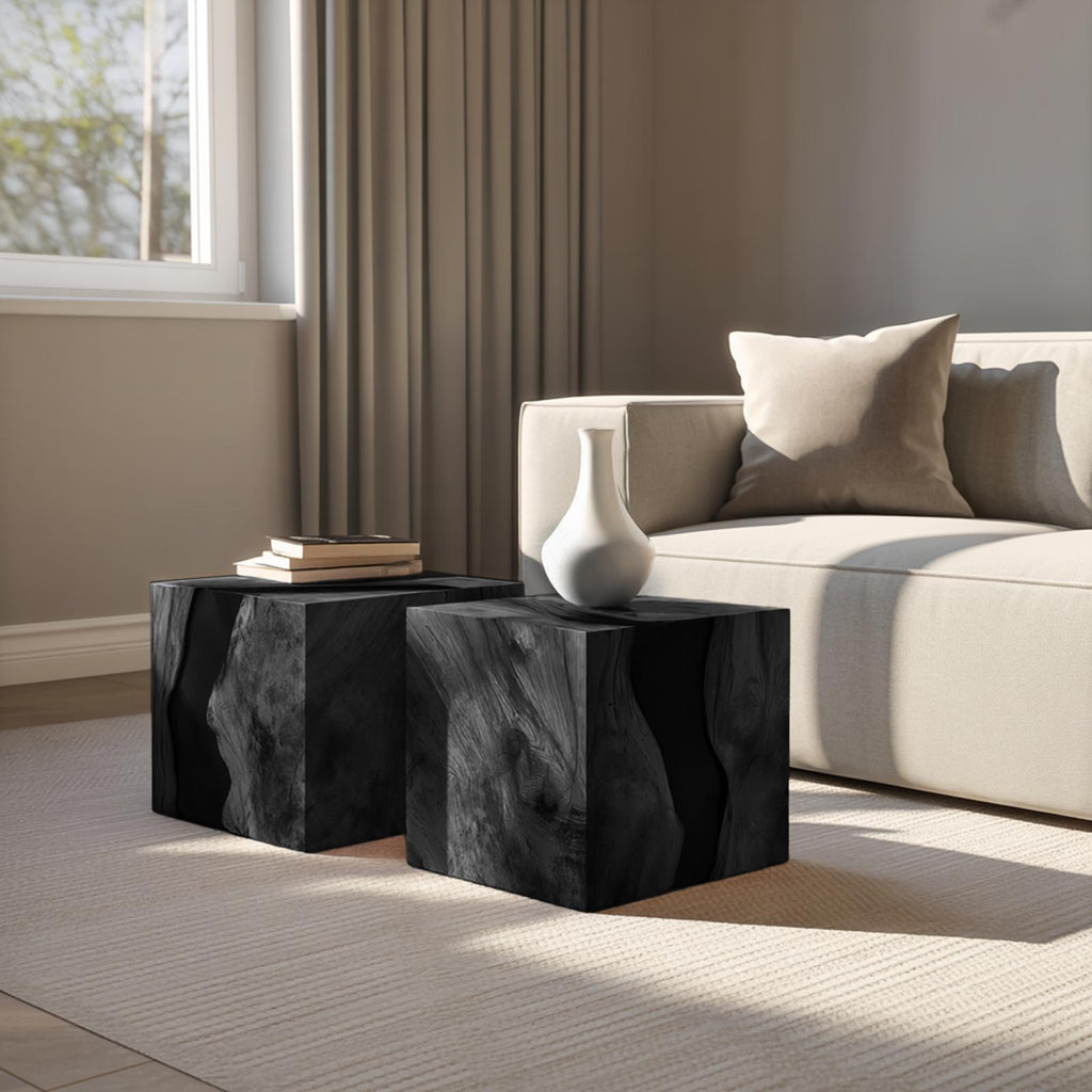 Spry Interior Handcrafted Solid Wood Cube Coffee Table, Rustic Block End Table & Bedside Nightstand for Living Room Decor, SILDTTNCF046