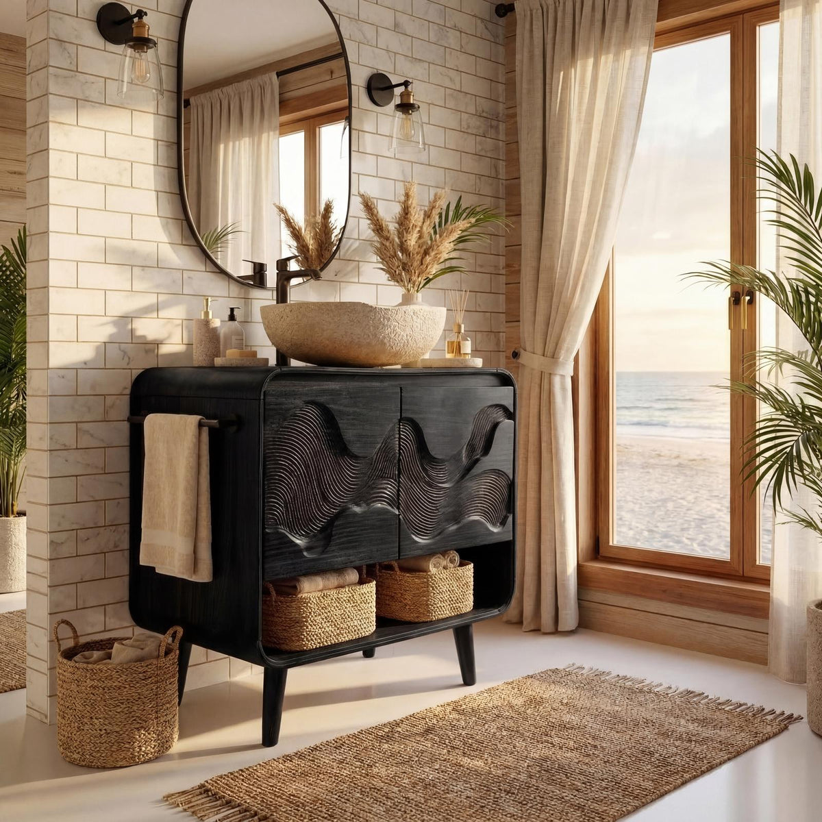 Spry Interior Coastal Solid Wood Bathroom Vanity, Floating Single Basin Sink Cabinet with Under-Sink Storage, Natural Oak Finish, RTTHHNBRV014