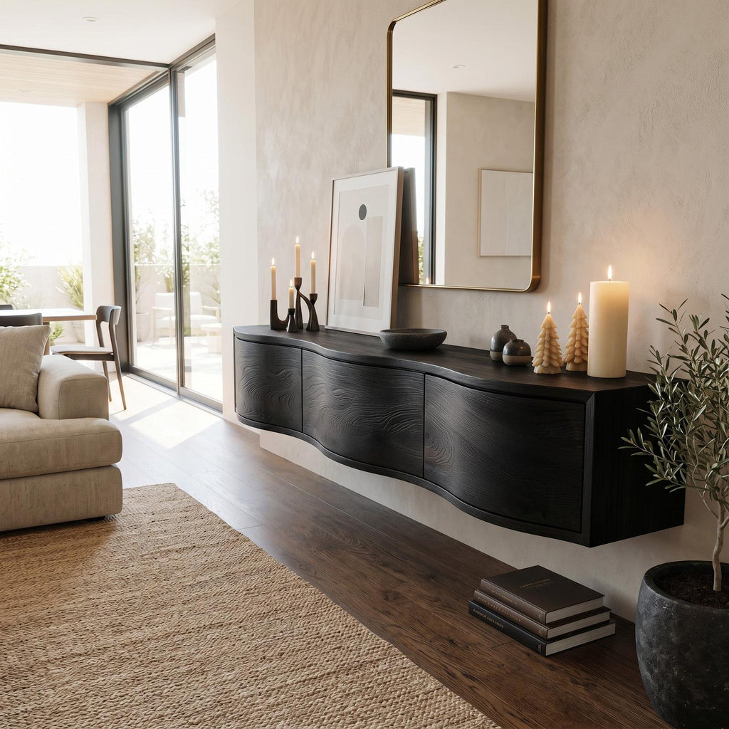Modern Floating TV Stand Console, Handcrafted Wall Mounted Wooden Media Entertainment Shelf for Home Decor