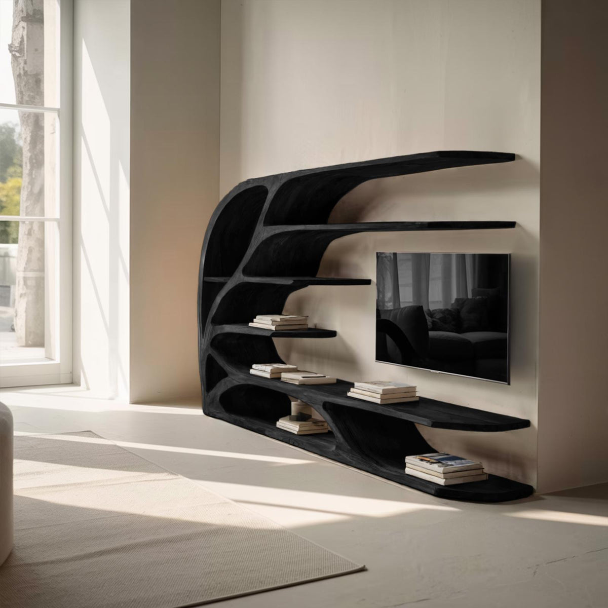 Modern Sculptural Wavy Carved Media Console For Living Room