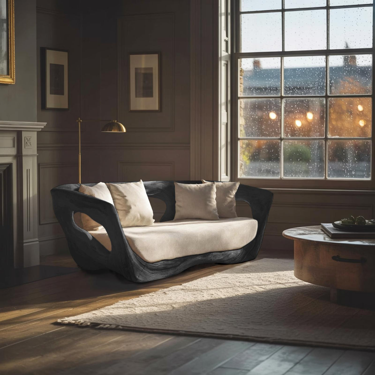 Modern Sculpted Wooden Sofa, Contemporary Lounge Couch Settee, Artistic Designer Loveseat for Living Room