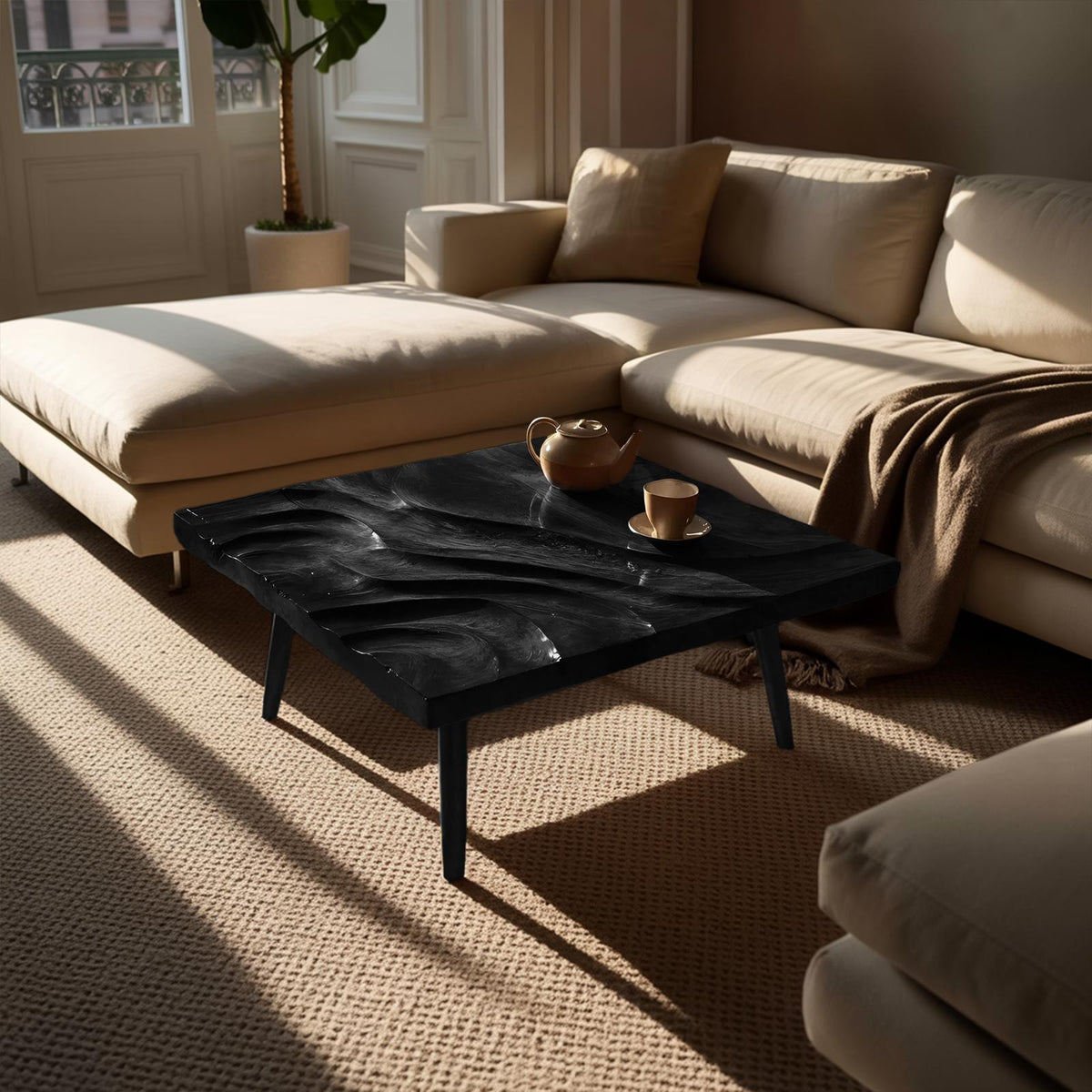 Spry Interior Modern Wooden Abstract Coffee Table, Handcrafted Solid Wood Living Room Accent Center Table, SILDTTRCF072