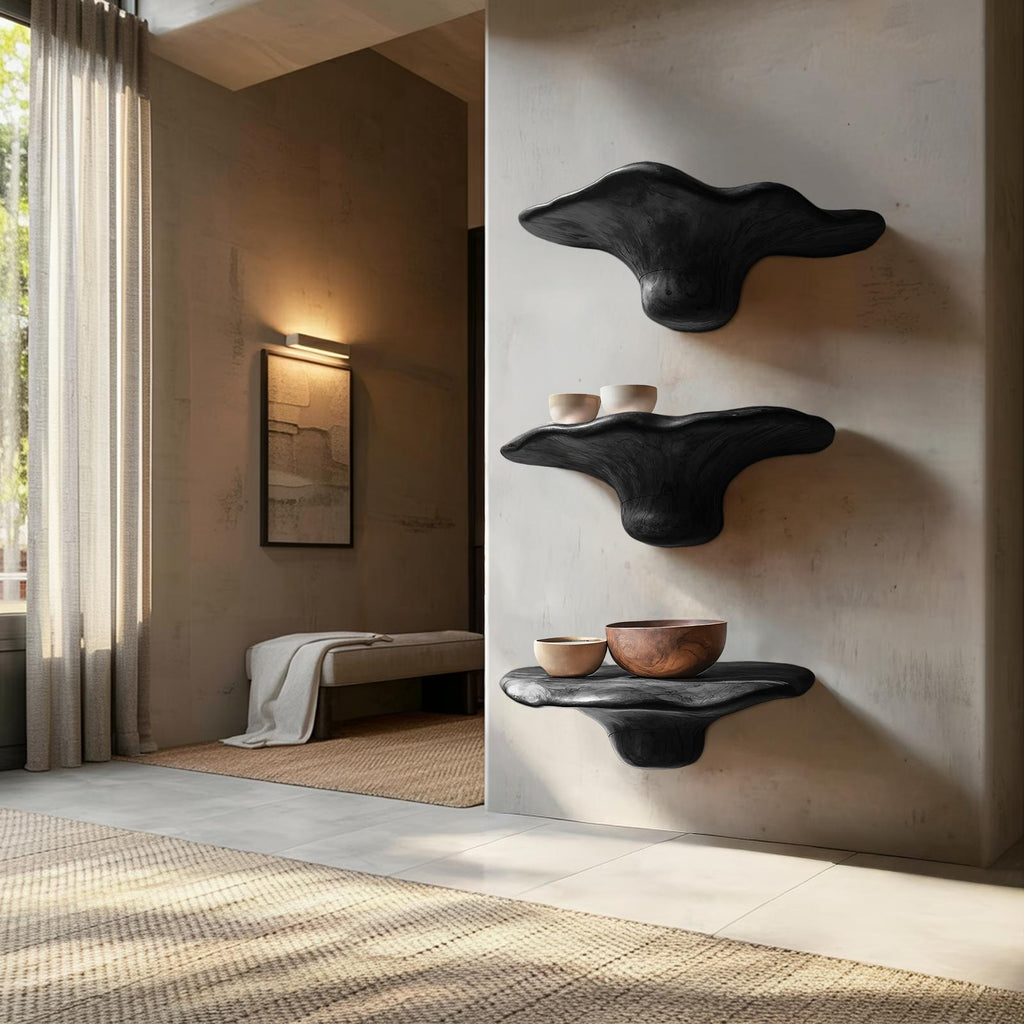Handcrafted Solid Wood Mushroom Shelf For Bedroom Wall Decor