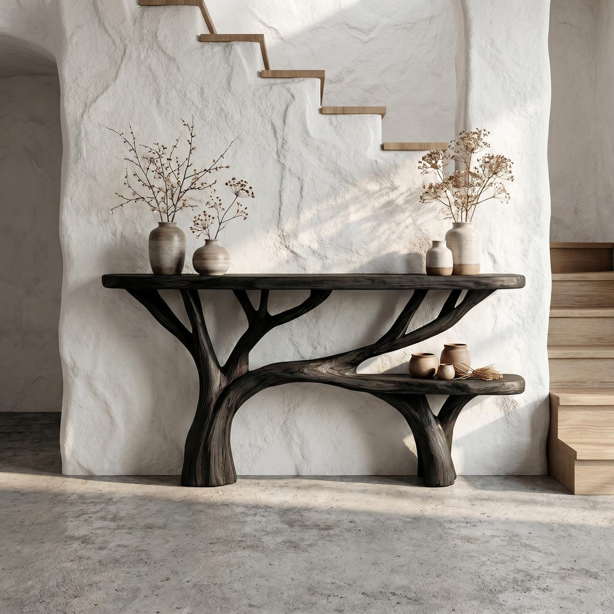 Rustic Tree Design Solid Wood Console Table, Living Room & Entryway Wooden Accent Sofa Table, Model