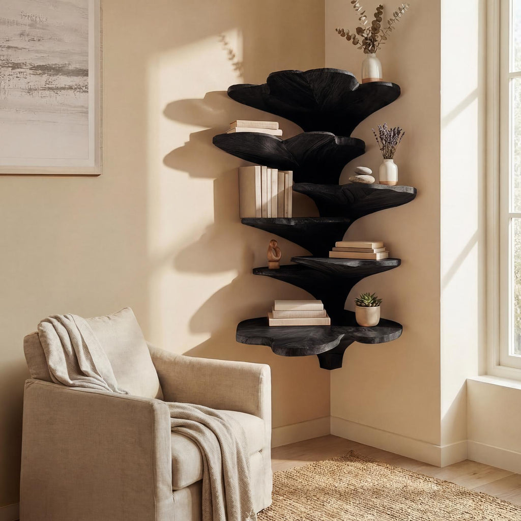 Boho Leaf Shaped Wooden Corner Shelf, Handcrafted Floating Tiered Wall Mounted Display Rack for Kids Nursery & Bedroom Decor, SILDTTRCLS006