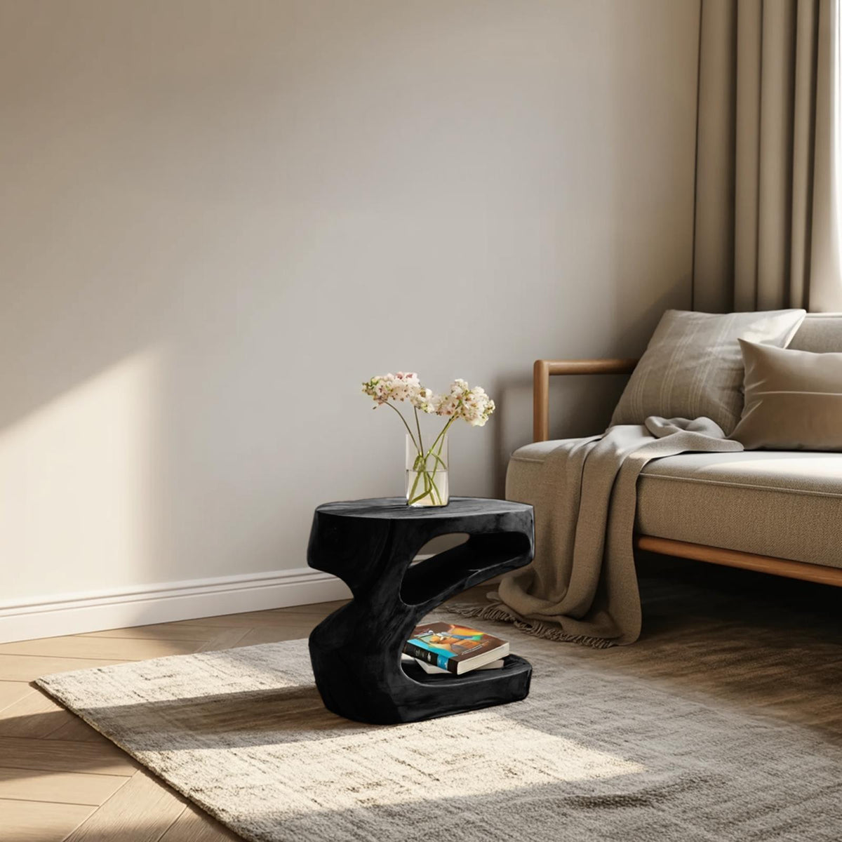 Artistic Side Table with Storage Shelf, Handcrafted Solid Wood End Table & Nightstand for Living Room, Model