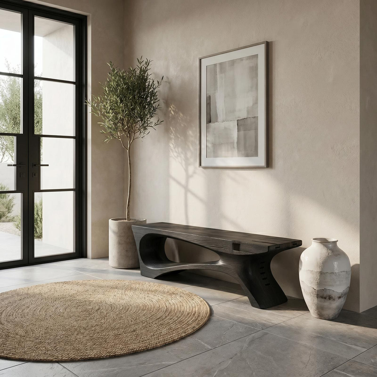 Spry Interior Rustic Contemporary Void Bench, Unique Handcrafted Wood Entryway & Living Room Bench Seat, SINLSARS079