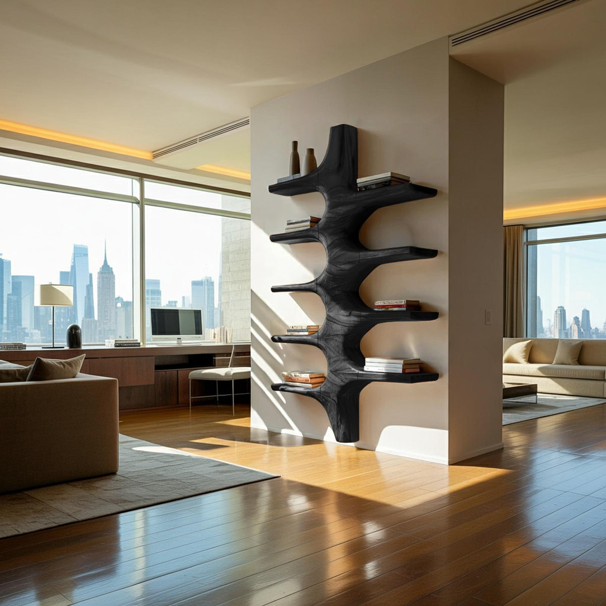 Sculptural Wood Wall Mounted Bookshelf, Handcrafted Floating Bookshelf for Modern Living Room & Bedroom Decor