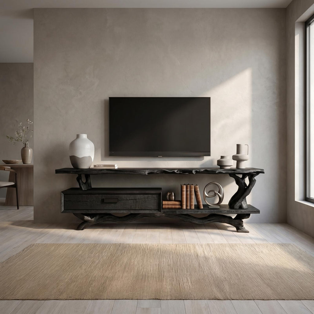 Rustic Live Edge Wood TV Cabinet, Natural Solid Slab Media Console, Low Profile Television Credenza for Living Room