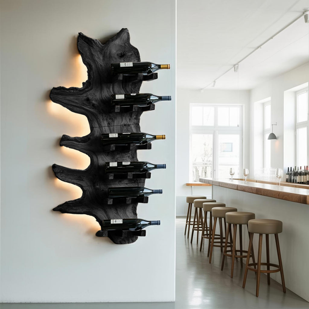 Modern Live Edge Wooden Wine Rack, Handcrafted Solid Wood Bottle Storage Holder Display Shelf