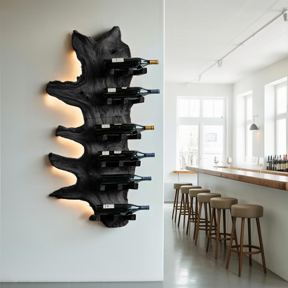 Modern Live Edge Wooden Wine Rack, Handcrafted Solid Wood Bottle Storage Holder Display Shelf