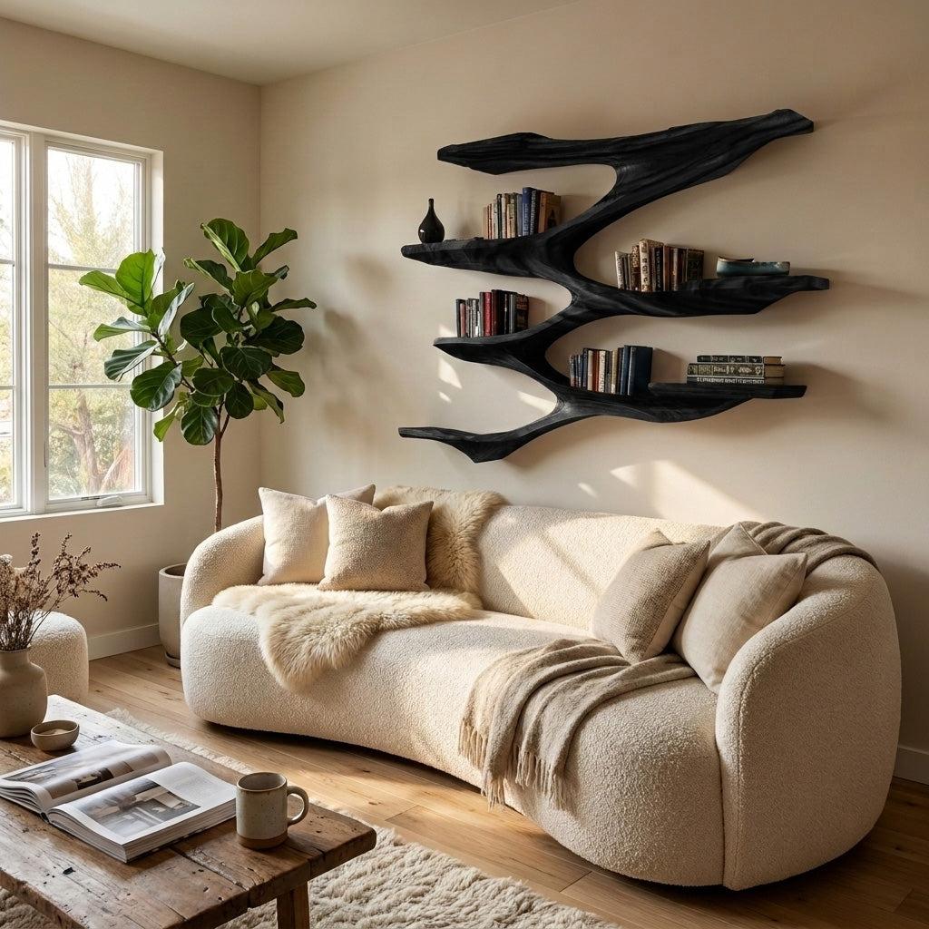 Mid Century Wooden Wall Floating Shelf, Handcrafted Solid Wood Storage Shelf for Living Room