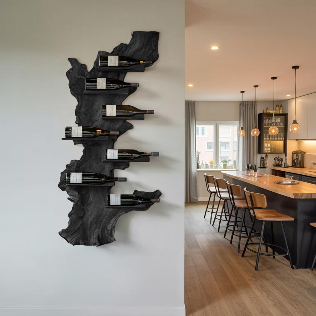 Modern Live Edge Wooden Wine Holder, Handcrafted Solid Wood Bottle Rack for Living Room Decor