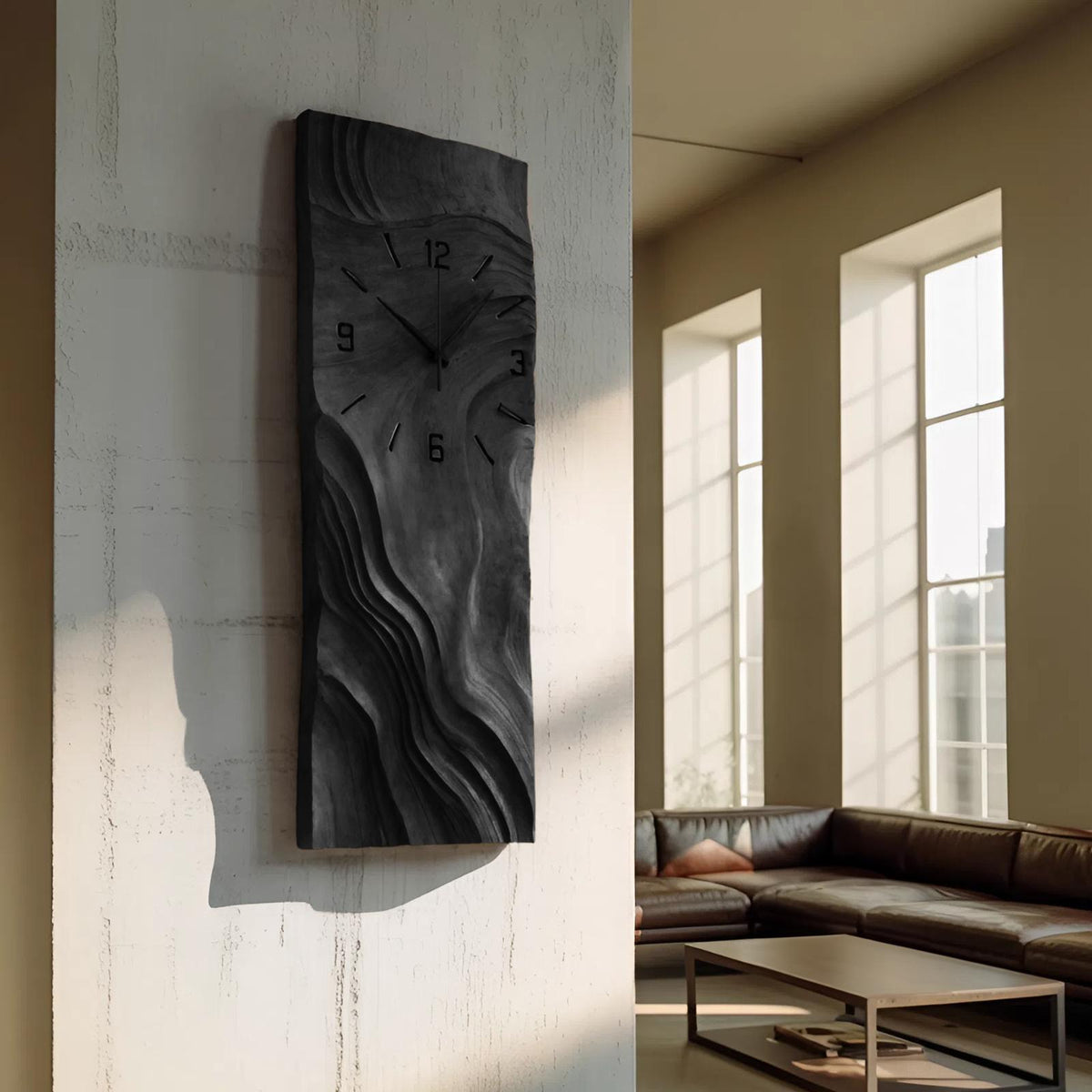 Organic Vertical Sculptural Wall Clock, Handcrafted Modern Wood Hanging Timepiece for Living Room
