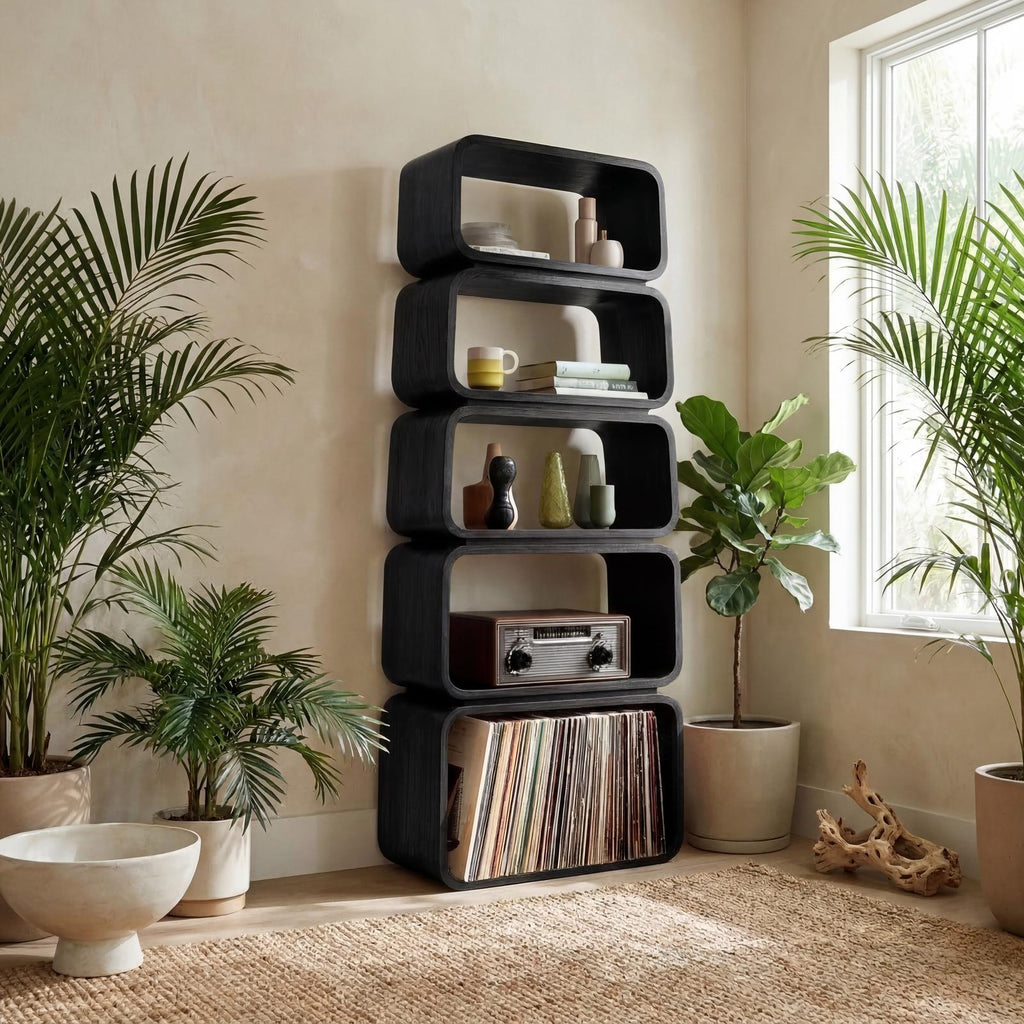 Mid-Century Wooden Standing Shelf, Tiered Bookcase Display Organizer, Retro Storage Rack for Living Room Decor