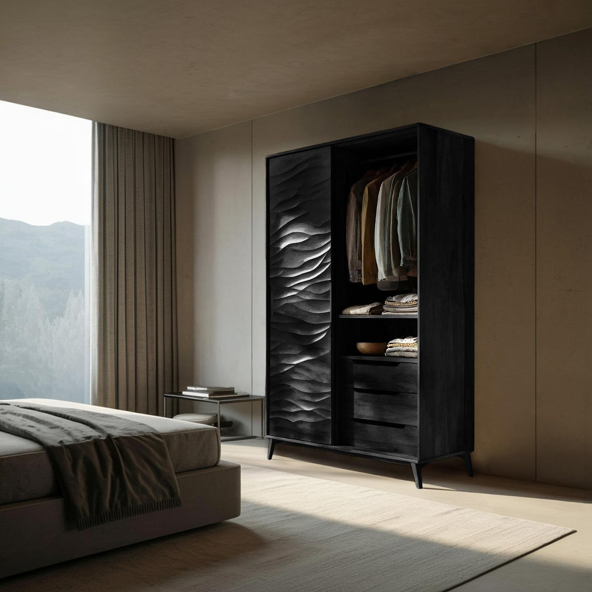 Spry Interior Organic Sculptural Wardrobe with Wave Door, Handcrafted Solid Wood Clothes Storage Armoire Cabinet, RTTHHNWRE001