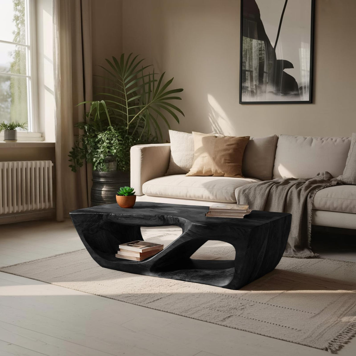 Modern Wooden Coffee Table with Curved Storage Shelf, Low Profile Minimalist Center Table for Living Room, Model