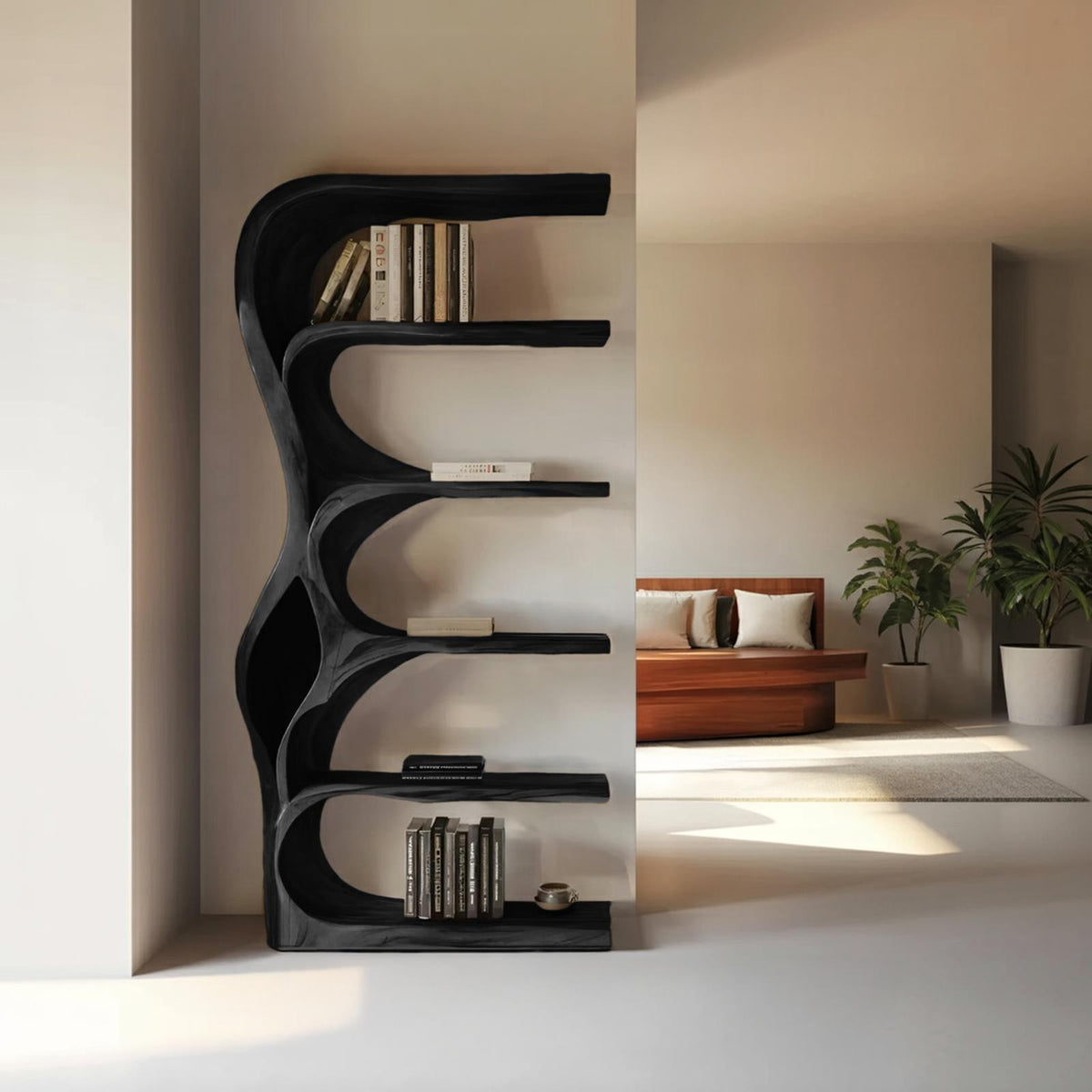 Organic Bookshelf With Curved Open Shelving For Bedroom Decor