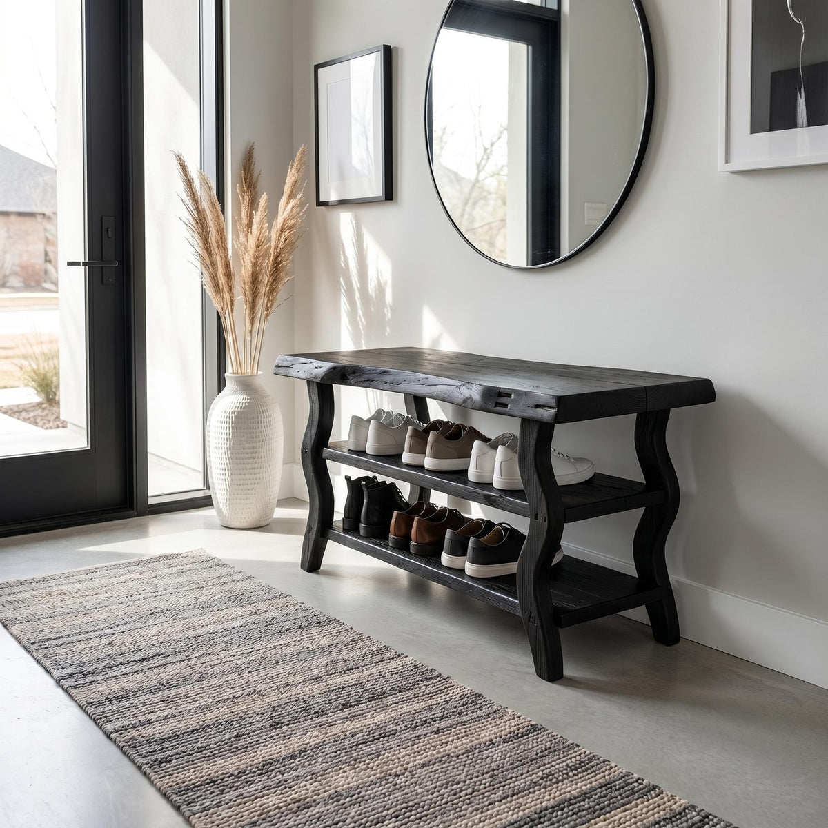 Artisan Rustic Shoe Storage Bench, Handcrafted Solid Wood Entryway Accent Bench with Storage for Living Room