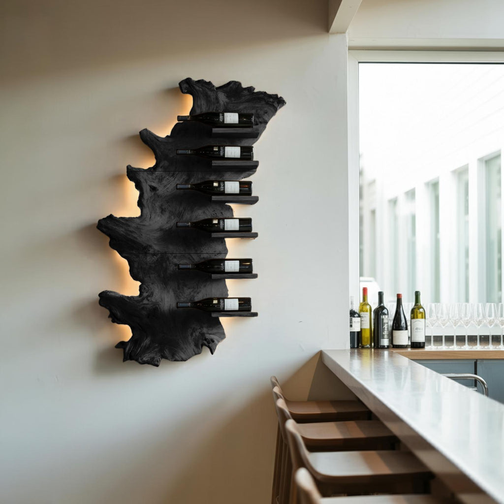 Handcrafted Live Edge Wooden Wine Holder, Rustic Solid Wood Bottle Storage Shelf for Bar Display