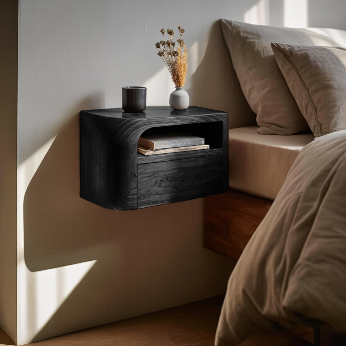 Spry Interior Modern Floating Nightstand, Minimalist Wall Mounted Wood Bedside Table with Drawer for Bedroom, Model RTTHHNNS008
