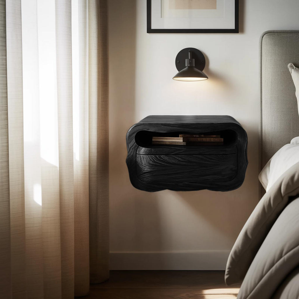 Spry Interior Modern Floating Nightstand with Soft Curves, Wall Mounted Wooden Bedside Table with Drawer, Model RTTHHNNS011