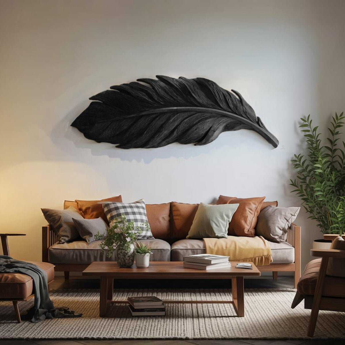 Modern Feather Wall Art, 3D Hand-Carved Wooden Feather Sculpture Panel for Living Room & Bedroom Wall Decor
