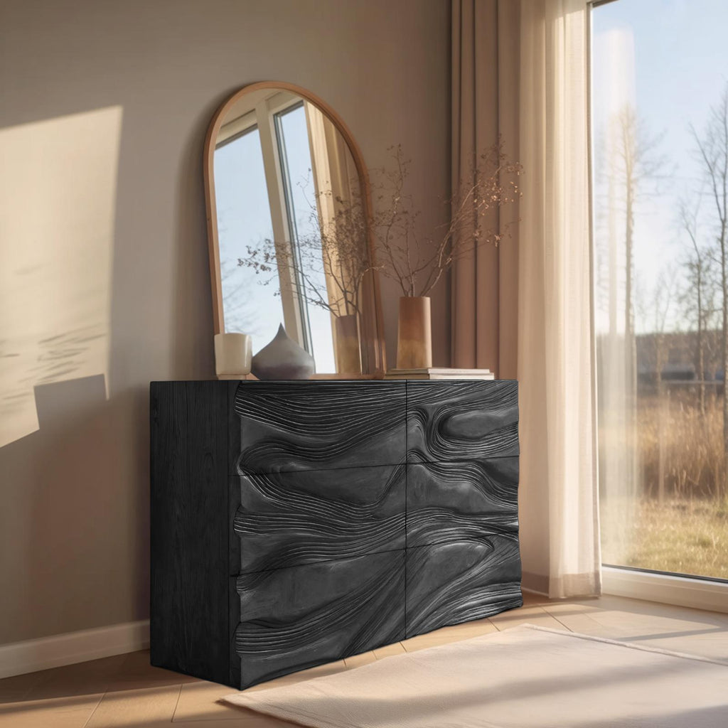 Minimalist Wooden Sideboard with Sculpted Wave Front, Handcrafted Solid Wood Credenza for Living Room Decor, Model