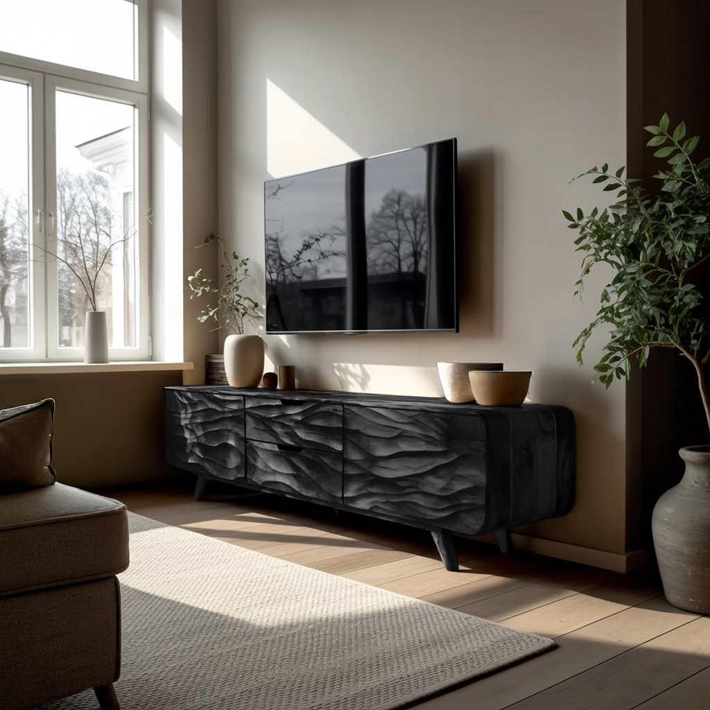 Handcrafted Wooden TV Stand with Stylish Storage Cabinets, Modern Artisan Media Console for Living Room