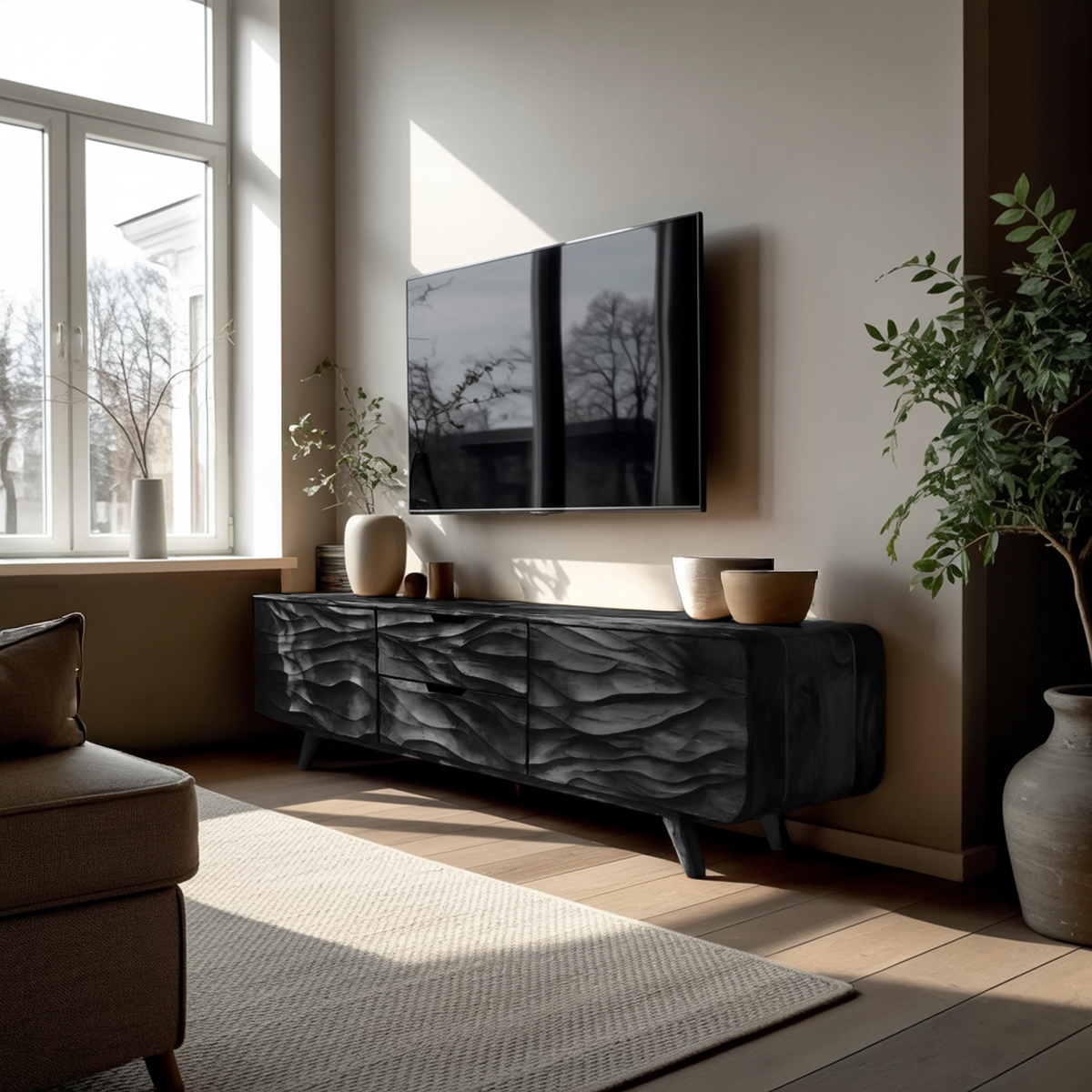 Handcrafted Wooden TV Stand with Stylish Storage Cabinets, Modern Artisan Media Console for Living Room