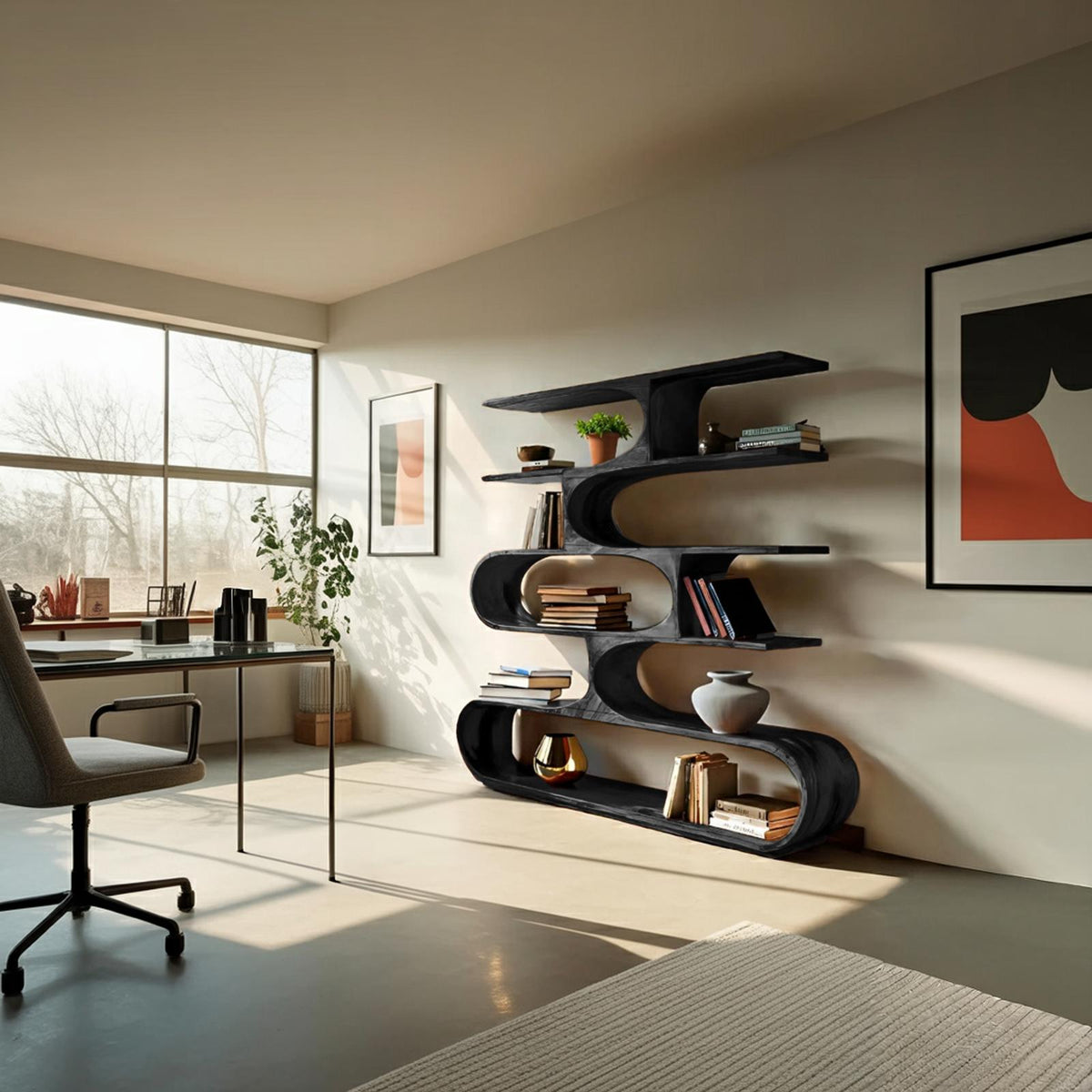 Artistic Curved Bookcase, Handcrafted Wood Bookshelf with Sculptural Design for Modern Living Room Decor