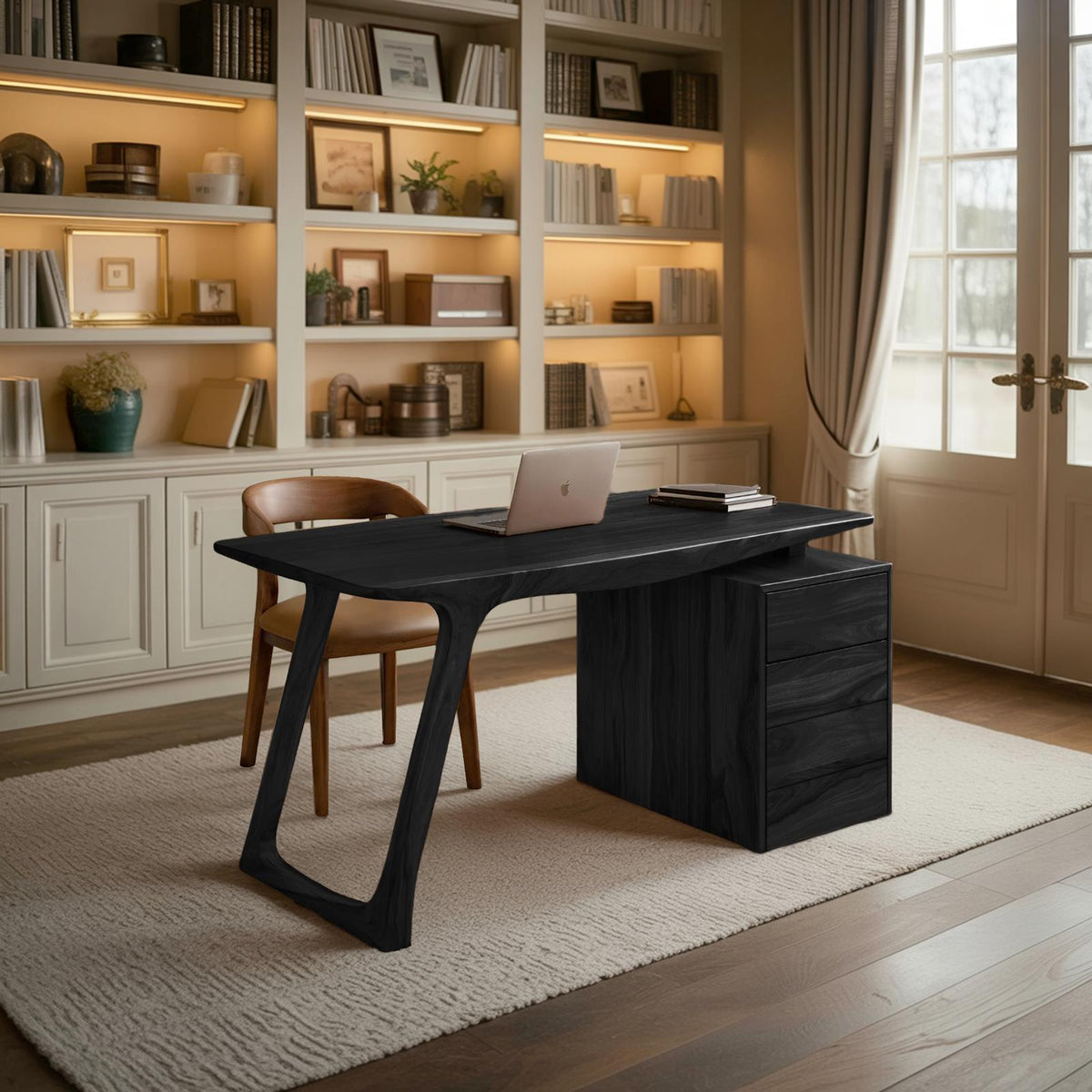 Contemporary Live Edge Office Desk With Storage Cabinet For Workspace