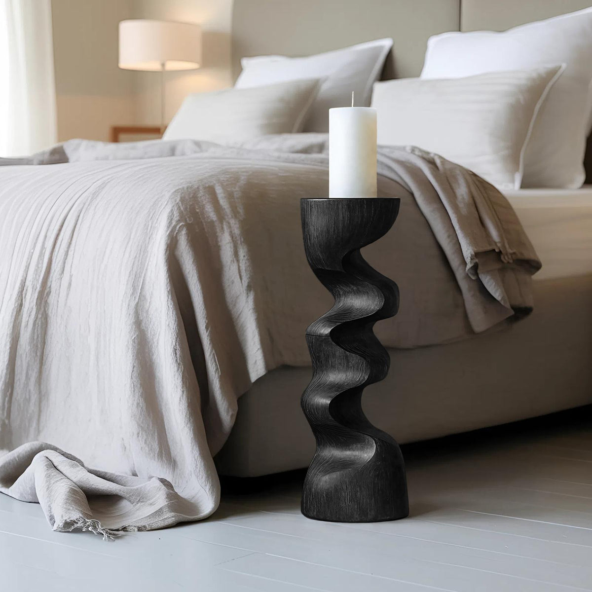 Rustic Wooden Candlestick Holder, Handcrafted Solid Wood Pillar Candle Stand for Bedroom Cozy Ambience Decor