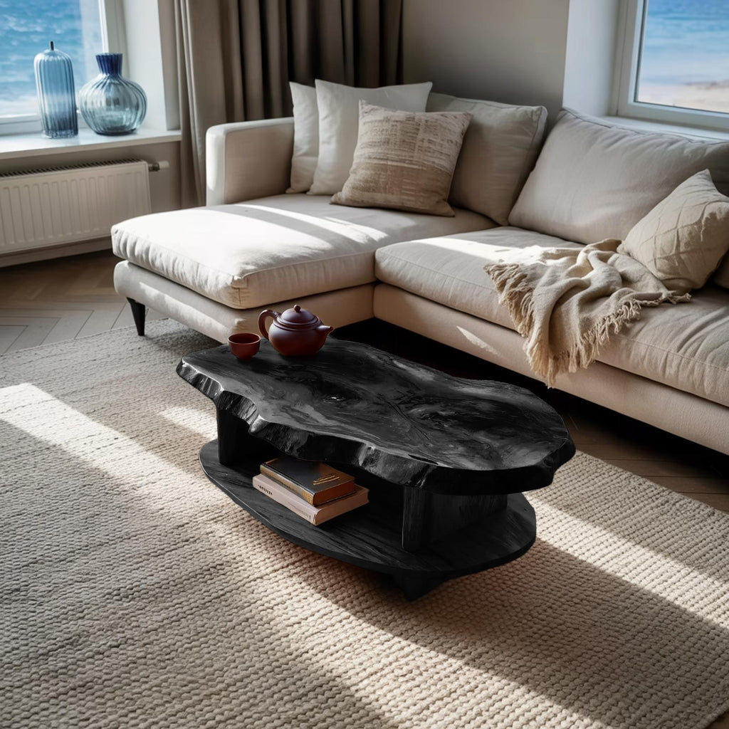 Rustic Wooden Coffee Table with Live Edge & Open Storage Shelf, Solid Wood Center Table, Model