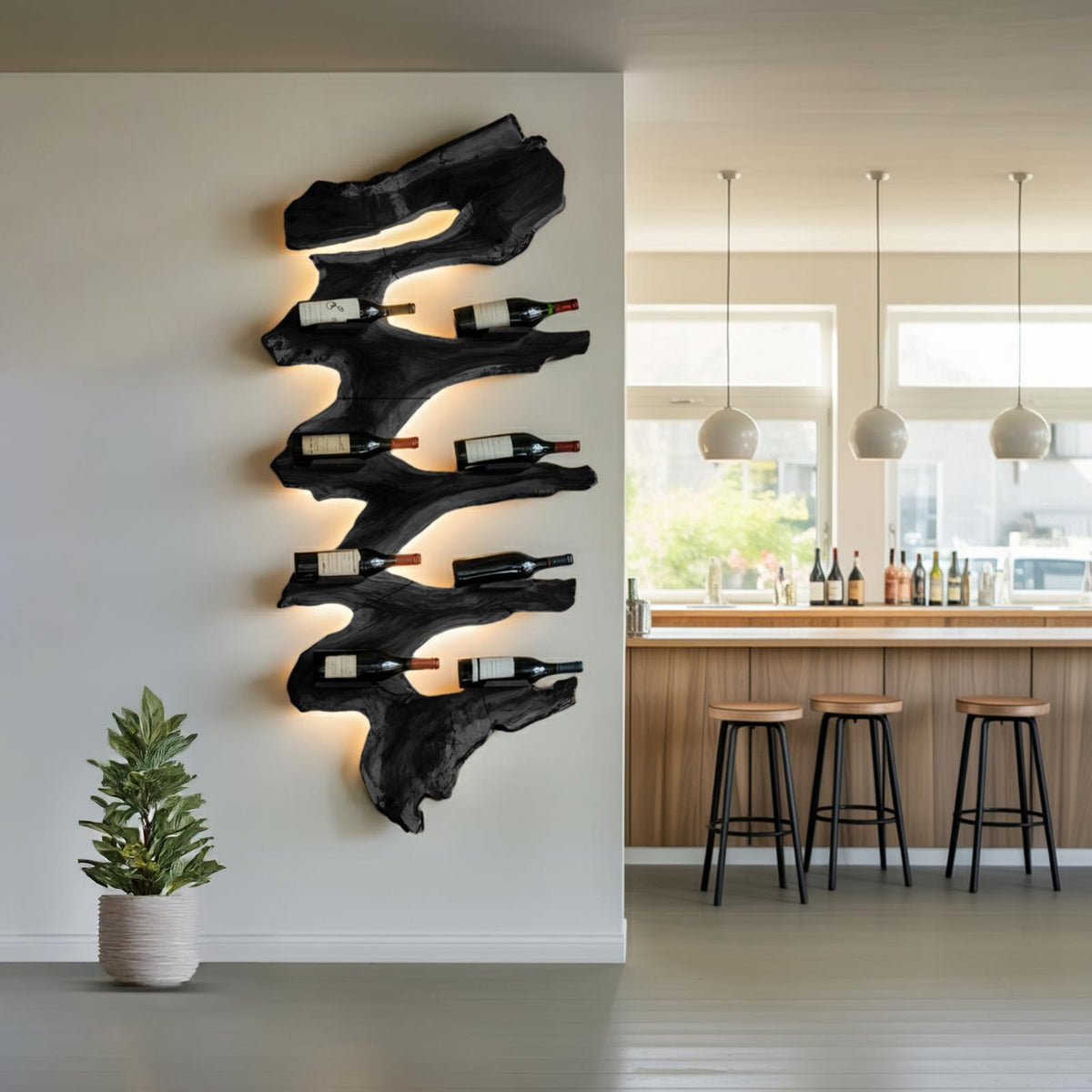 Modern Solid Wood Wine Rack, Handcrafted Wooden Wine Bottle Holder Shelf for Living Room