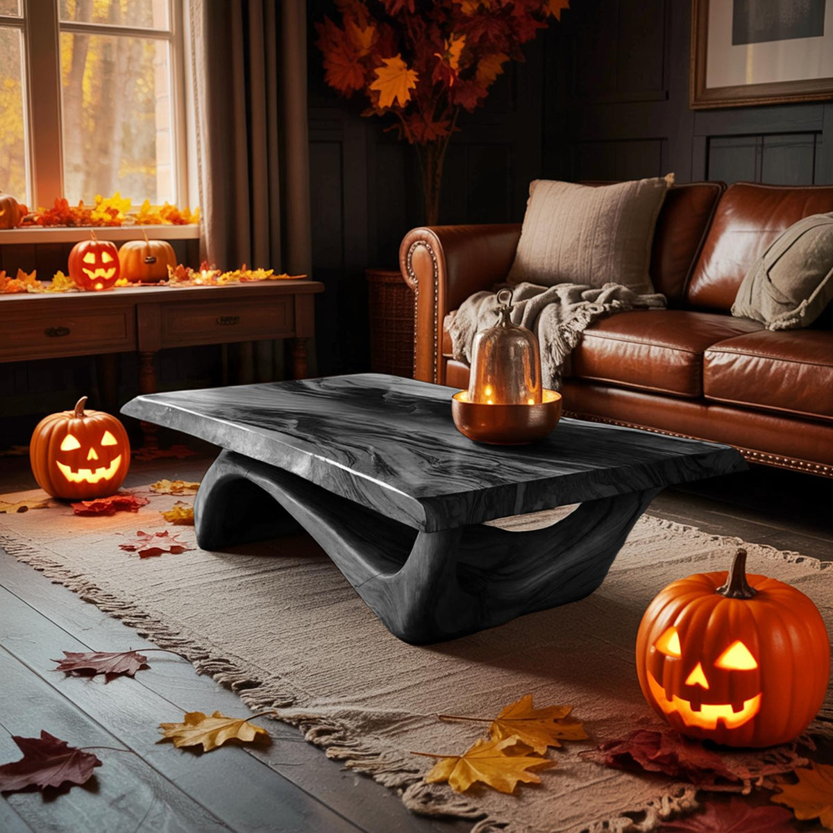 Modern Solid Wood Coffee Table, Spooky Haunted Style Live Edge Wooden Table Top for Halloween Living Room Decor