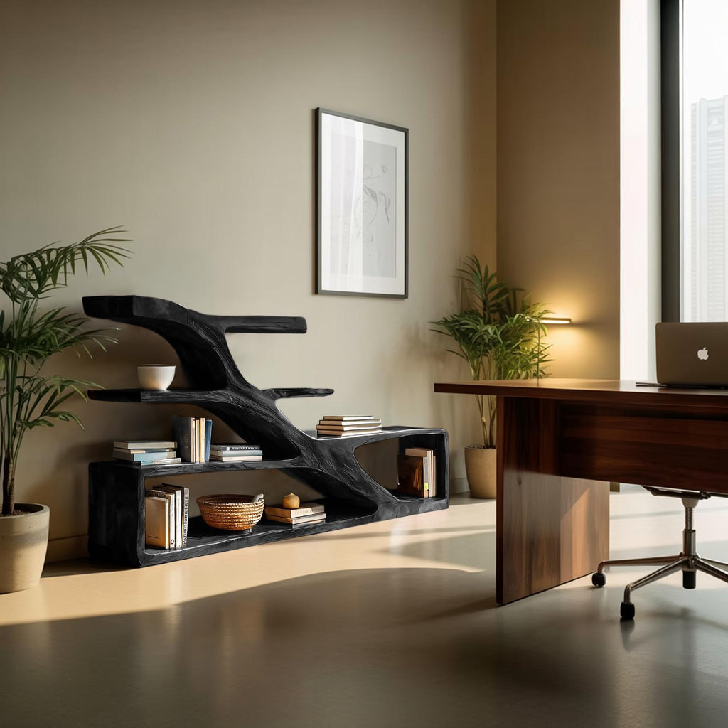 Modern Sculptural Curved Bookcase, Handcrafted Wood Bookshelf with Arched Shelves for Living Room & Home Library