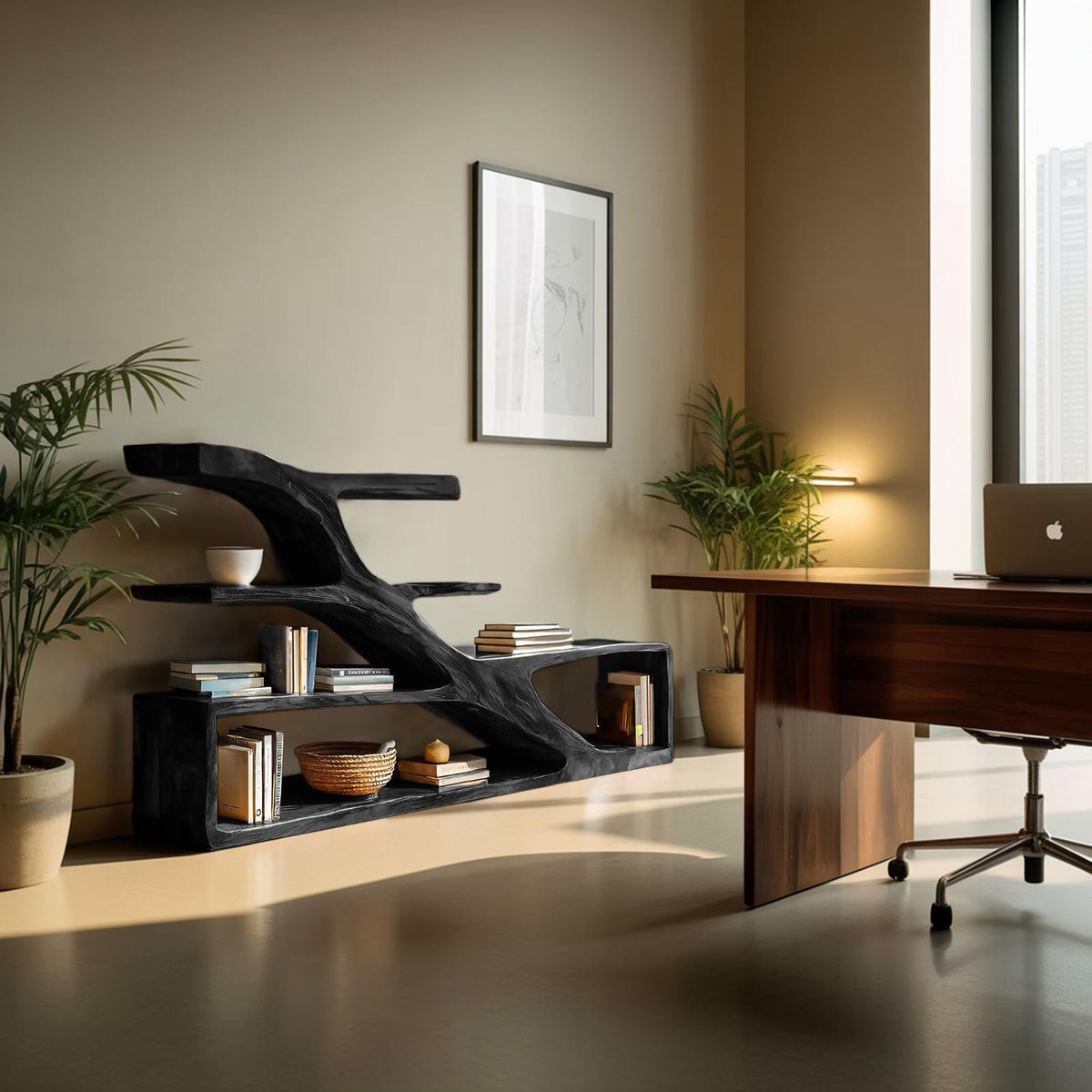 Modern Sculptural Curved Bookcase, Handcrafted Wood Bookshelf with Arched Shelves for Living Room & Home Library