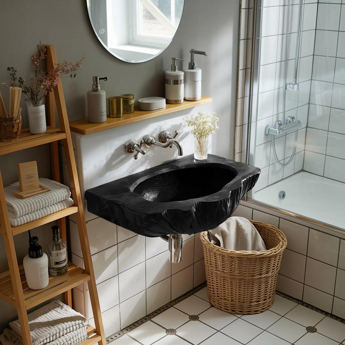 Mid Century Wall Mounted Wooden Bathroom Sink Vanity, Handcrafted Rustic Solid Wood Floating Wash Basin