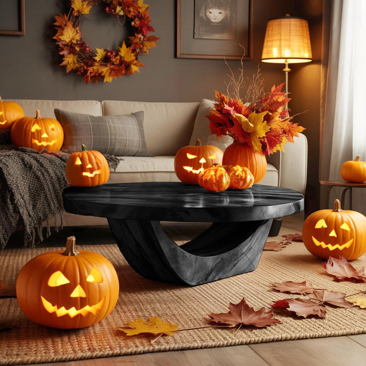 Modern Solid Wood Coffee Table, Ghostly Halloween Style Sculptural Live Edge Accent Table for Living Room