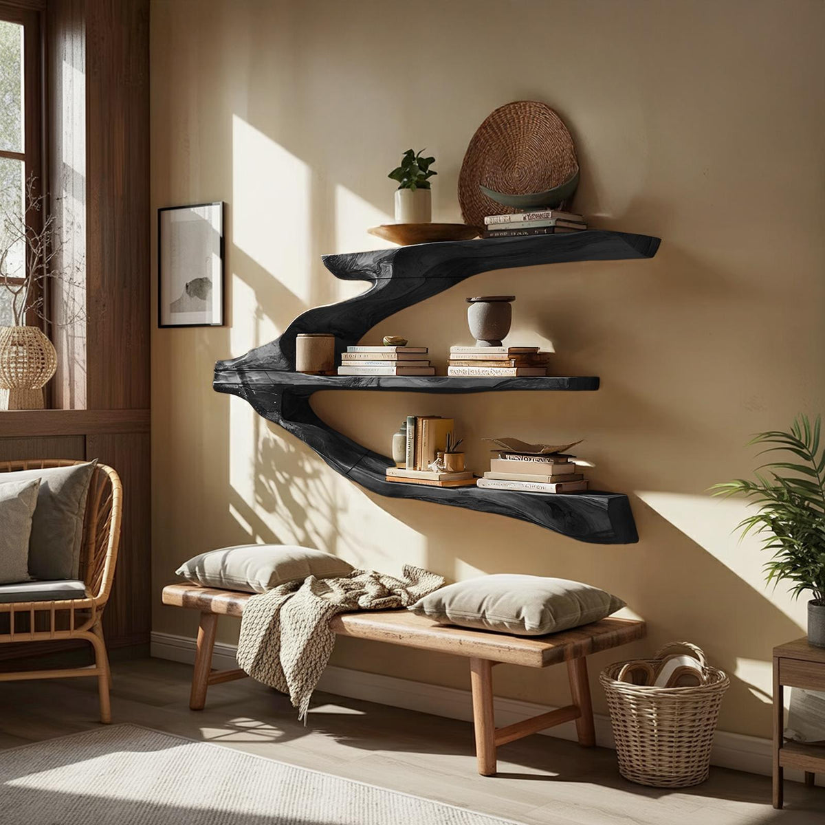Minimalist Wooden Floating Shelf, Wall Mounted Entryway Display Shelf & Hallway Organizer
