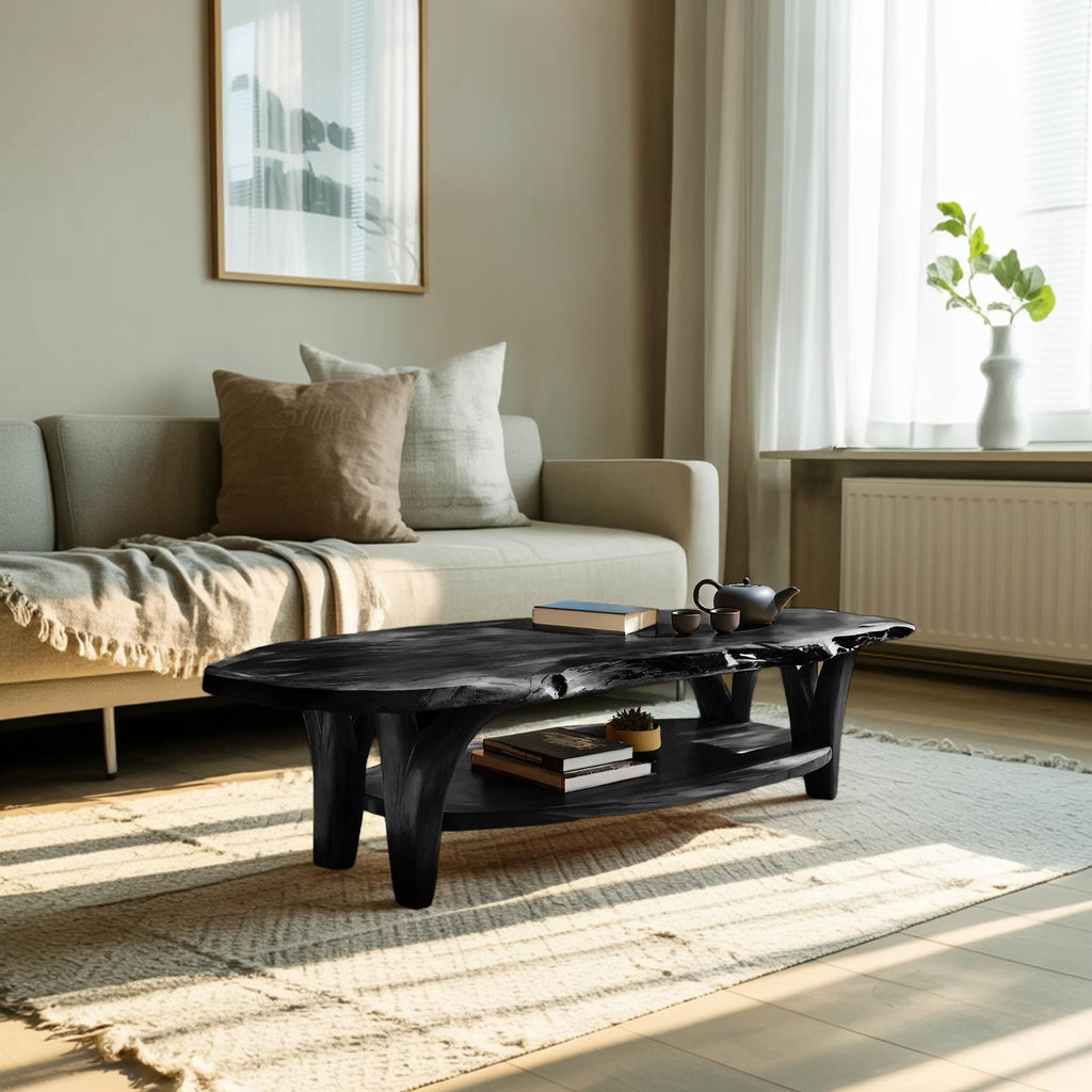 Modern Live Edge Wooden Coffee Table, Rustic Solid Wood Center Table for Living Room Decor, Model