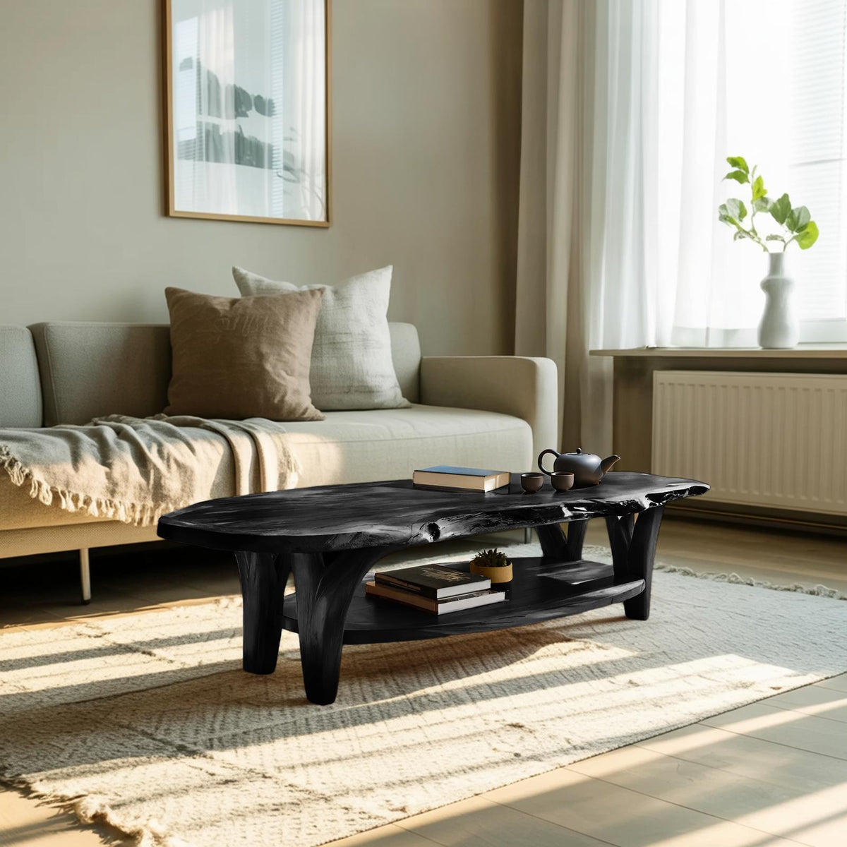 Modern Live Edge Wooden Coffee Table, Rustic Solid Wood Center Table for Living Room Decor, Model