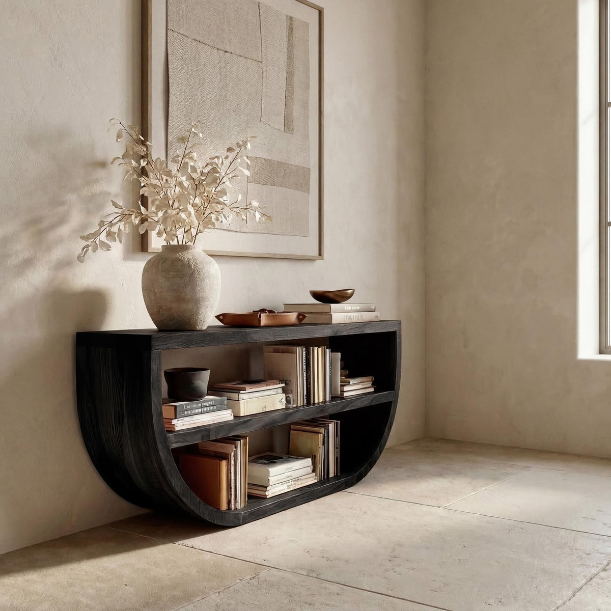 Organic Wooden Console Table With Storage For Living Room